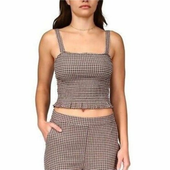 Sanctuary Westside Gingham Check Plaid Smocked Cropped Tank Top Chocolate Medium - Picture 2 of 10